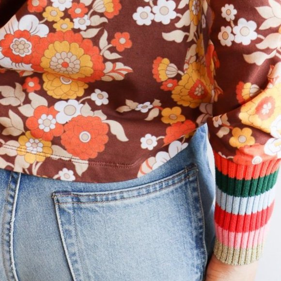 Manoush NWT vintage print cotton tee. retro 70s floral, rainbow stripes. L - Picture 4 of 14